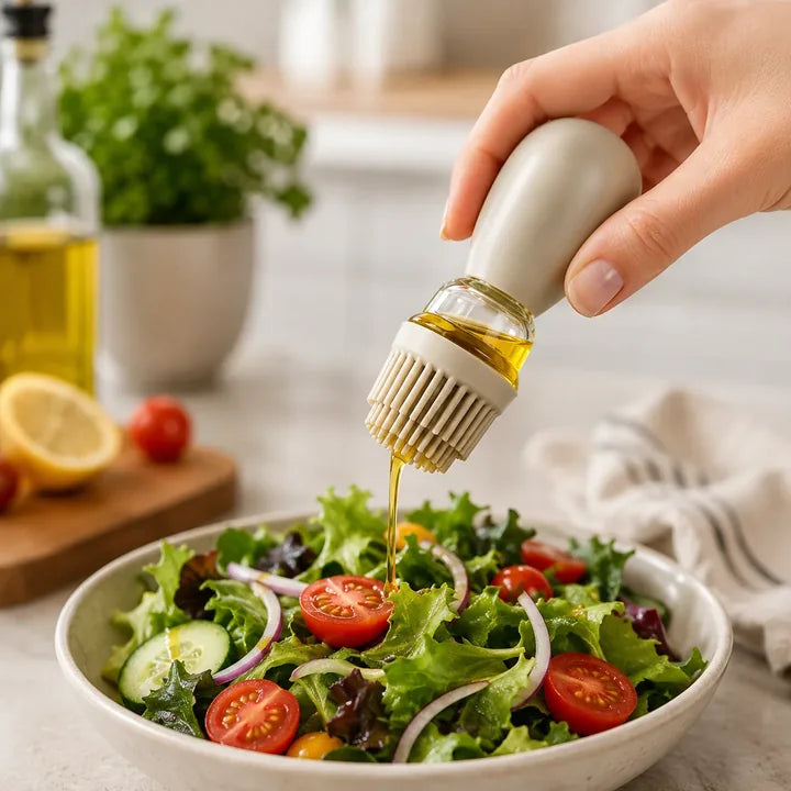 Brocha aplicando aceite sobre ensalada