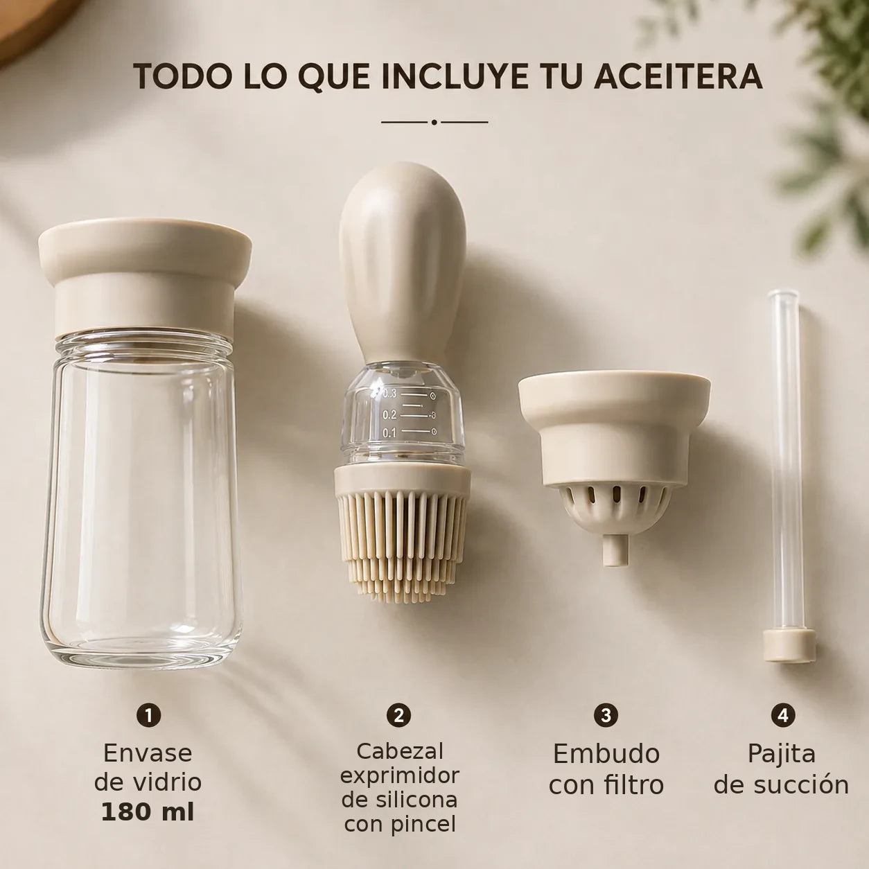 Todo lo que incluye la aceitera: envase de vidrio de 180 mililitros, cabezal con brocha, embudo y pajita