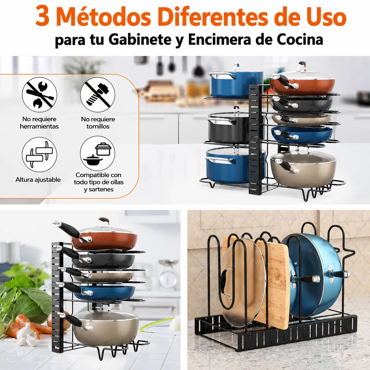 Organizador de ollas | Ordena hasta 8 ollas usando un solo espacio