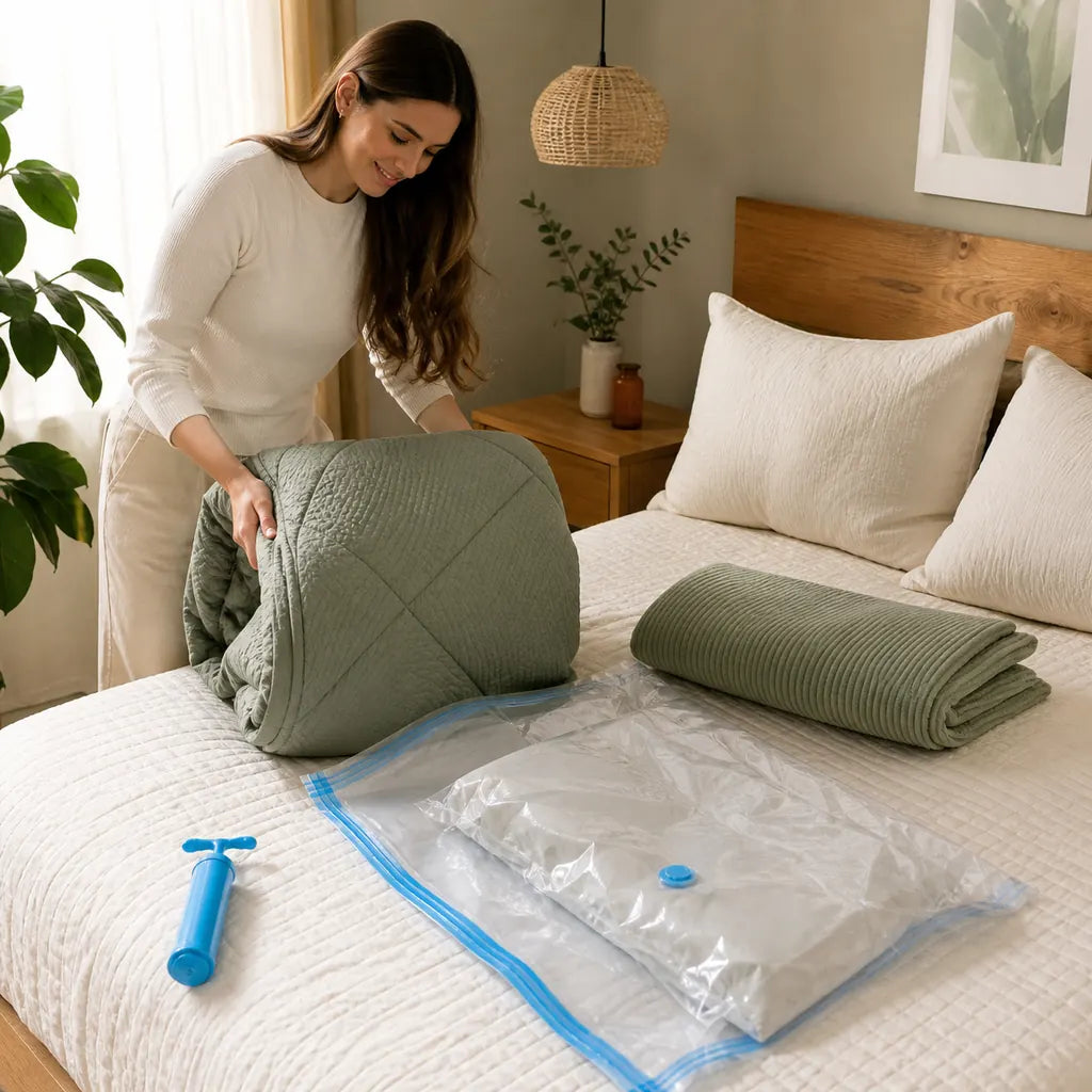 Extrayendo el aire con la bomba manual de una bolsa con cobijas sobre la cama