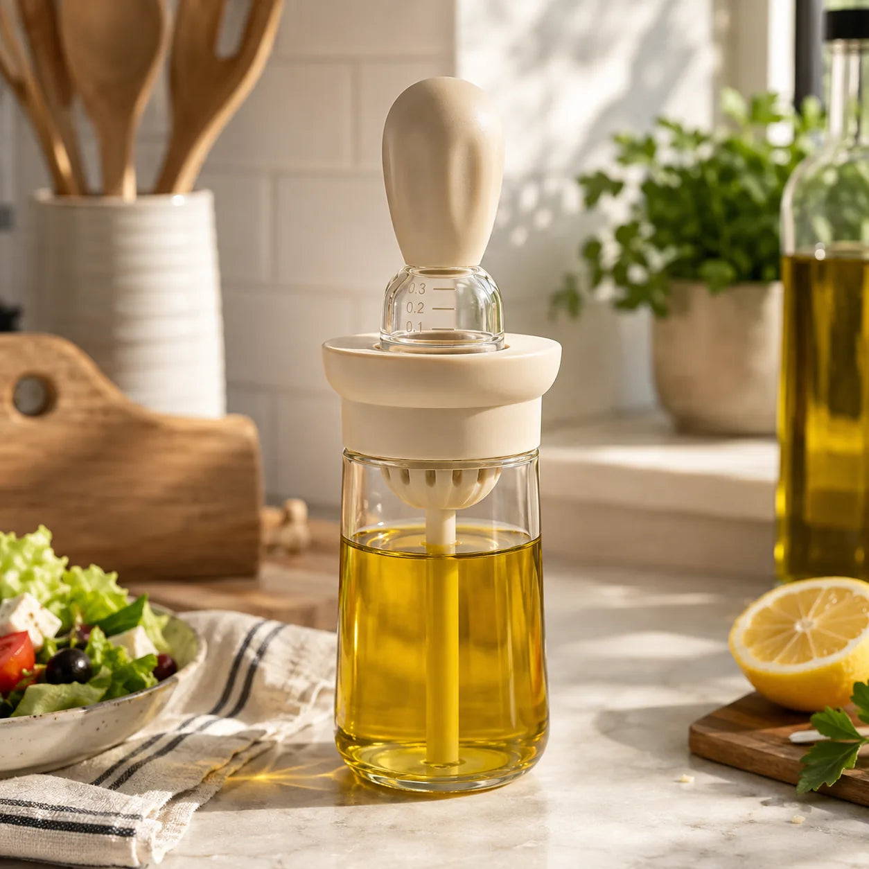 Aceitera beige integrada naturalmente en una cocina iluminada