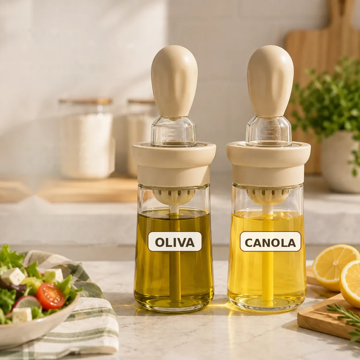 Dos aceiteras beige con aceite de oliva y aceite de canola