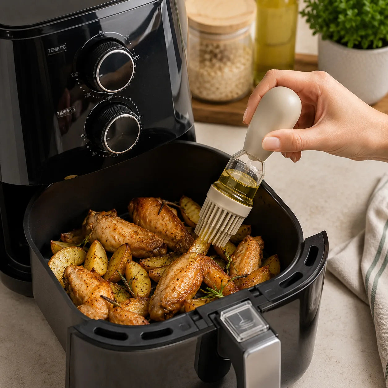 Brocha aplicando aceite sobre pollo y papas dentro de una Air Fryer