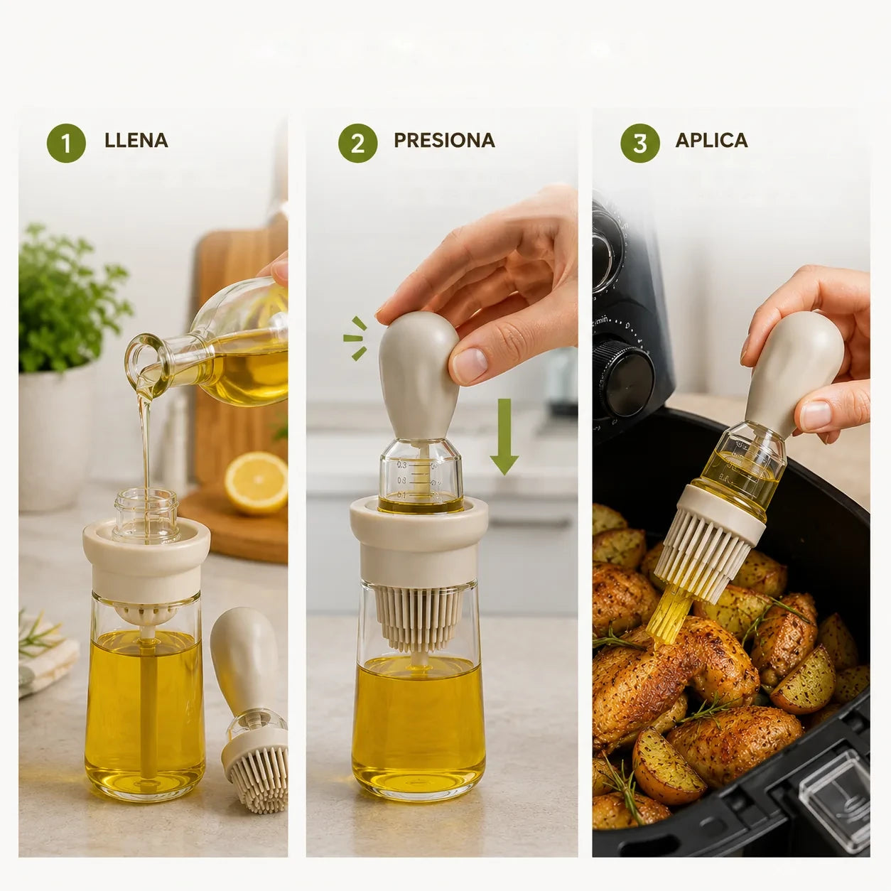 Secuencia visual para llenar, presionar y aplicar aceite