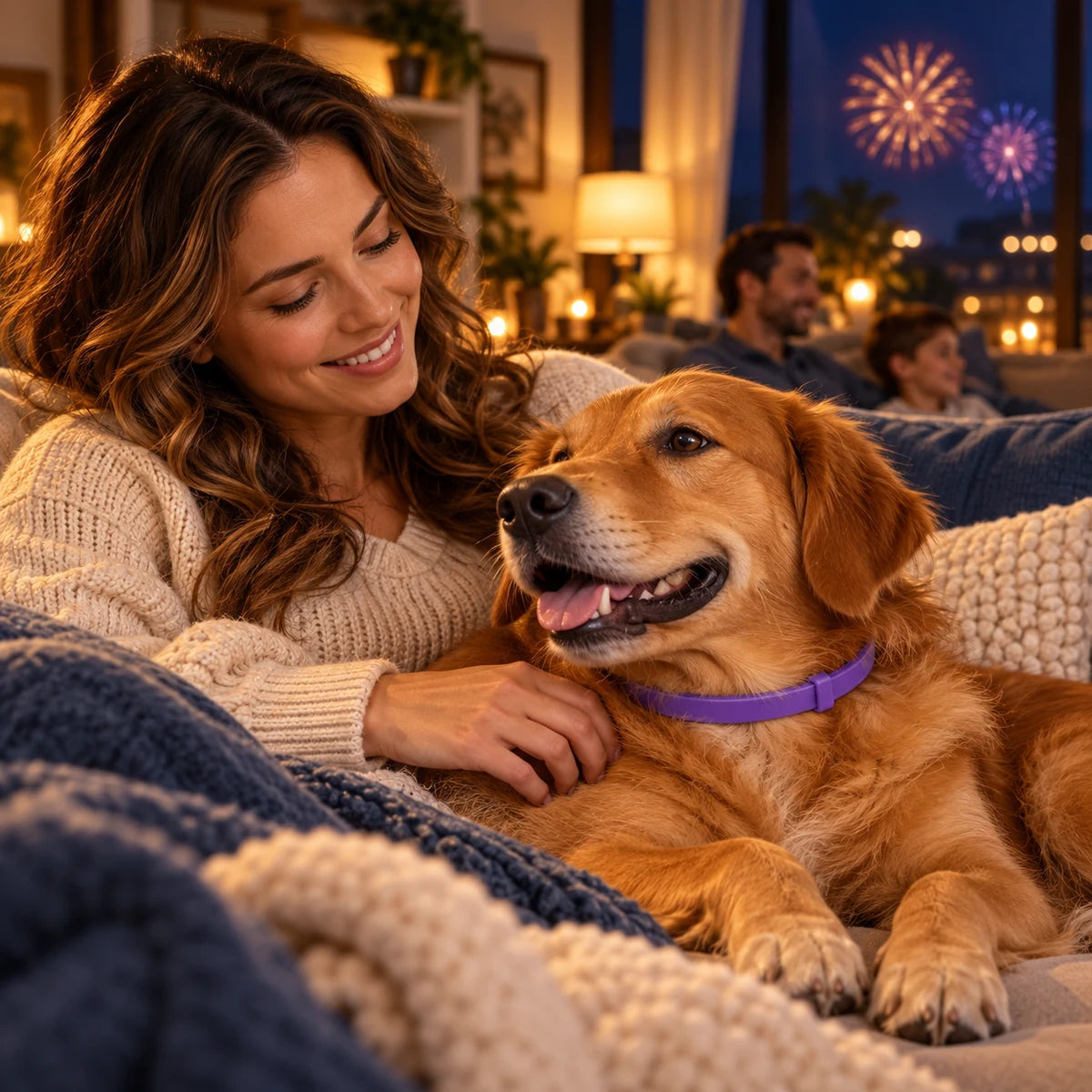 Perro con collar morado descansando junto a su dueña durante una noche con pólvora distante