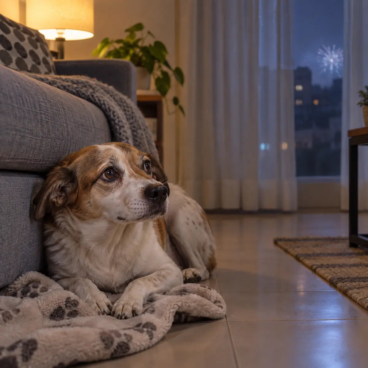Perro buscando refugio dentro de casa durante una noche de pólvora