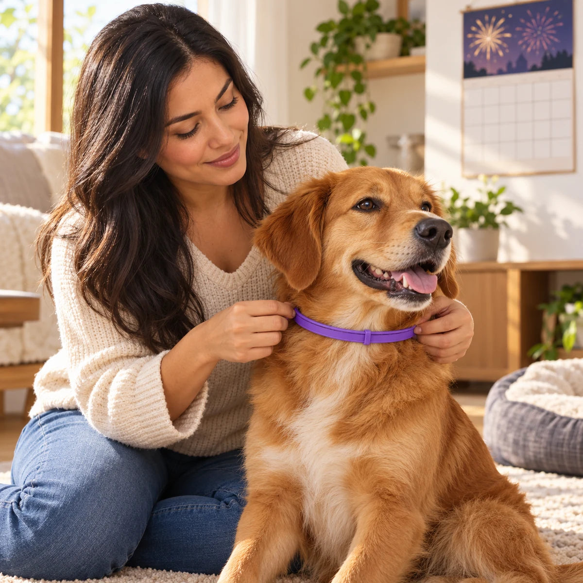 Mujer ajustando el collar morado a su perro como parte de una rutina anticipada