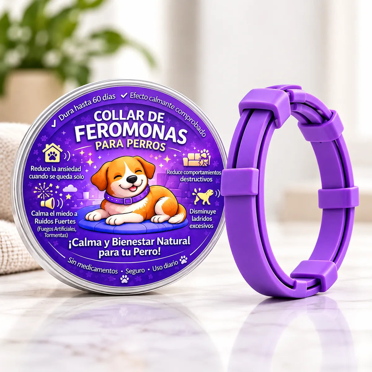 Producto exacto: collar morado y empaque redondo oficial