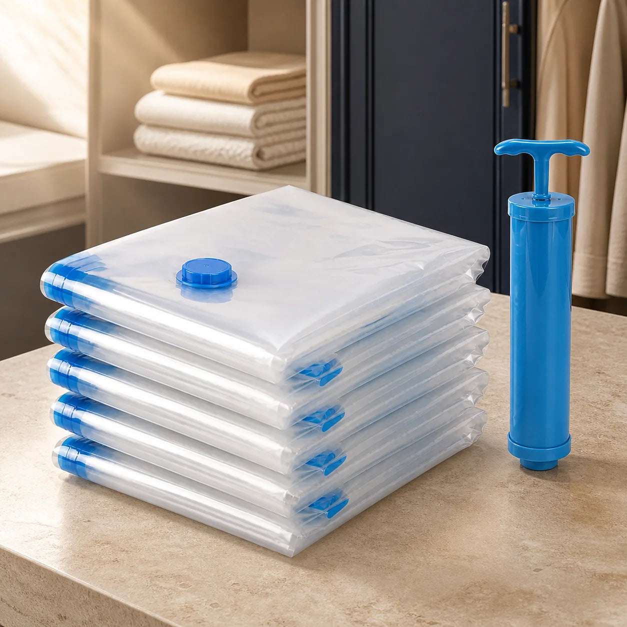 Kit de cinco bolsas organizadoras al vacío con válvulas azules y bomba manual incluida en un clóset premium