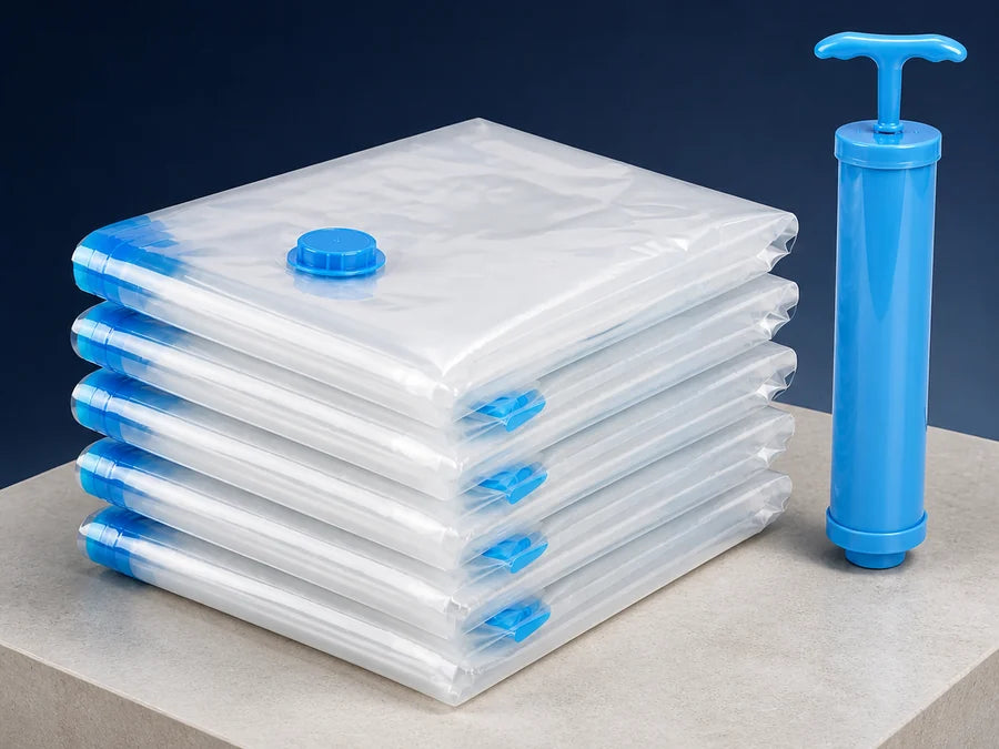 Un kit de cinco bolsas al vacío en dos tamaños y una bomba manual