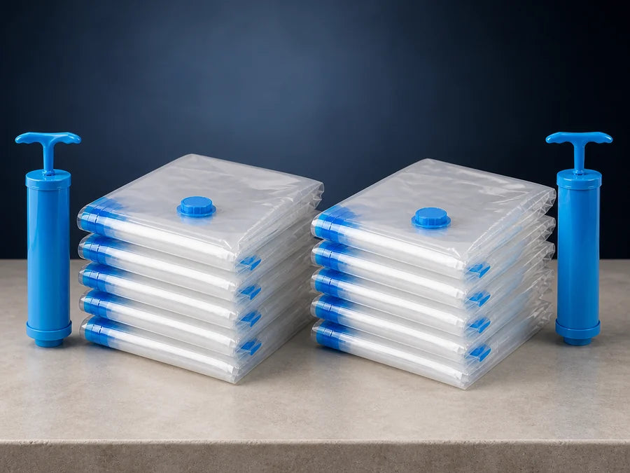 Dos kits de bolsas al vacío en dos tamaños y dos bombas manuales