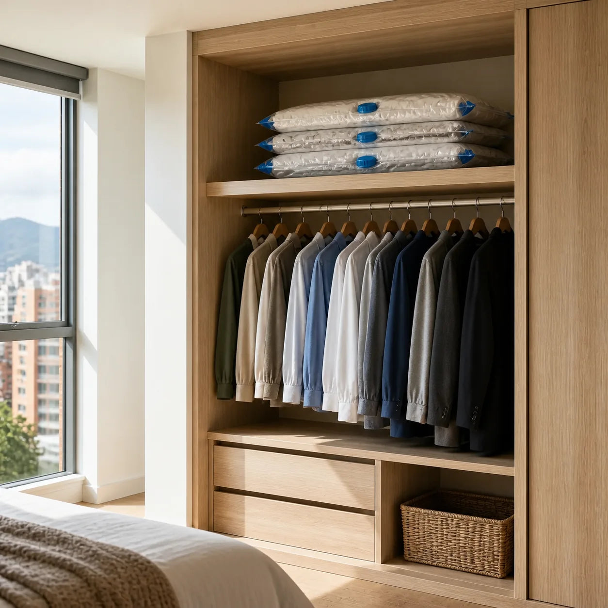Tres bolsas al vacío compactadas en una repisa superior con el resto del clóset ordenado y accesible