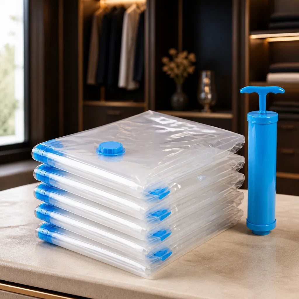 Kit de cinco bolsas transparentes y una bomba azul en un clóset premium