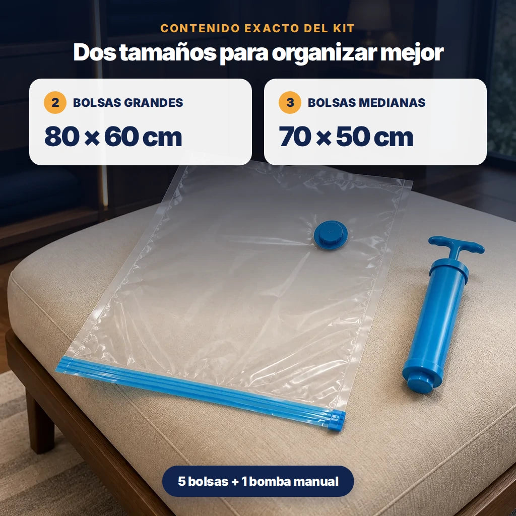 Dos tamaños incluidos: 2 bolsas grandes de 80 por 60 centímetros y 3 bolsas medianas de 70 por 50 centímetros