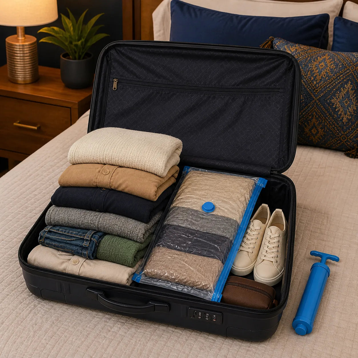 Maleta organizada con ropa compactada en una bolsa al vacío